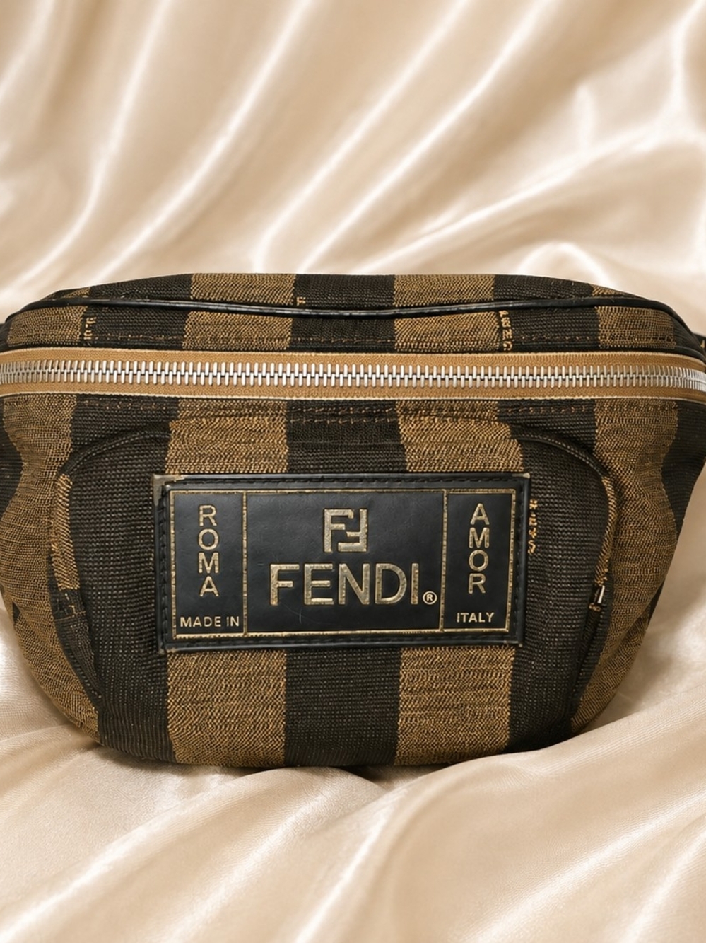 RARE!! Authentic Fendi Pequin Brown & Black Striped Canvas Belt Bag